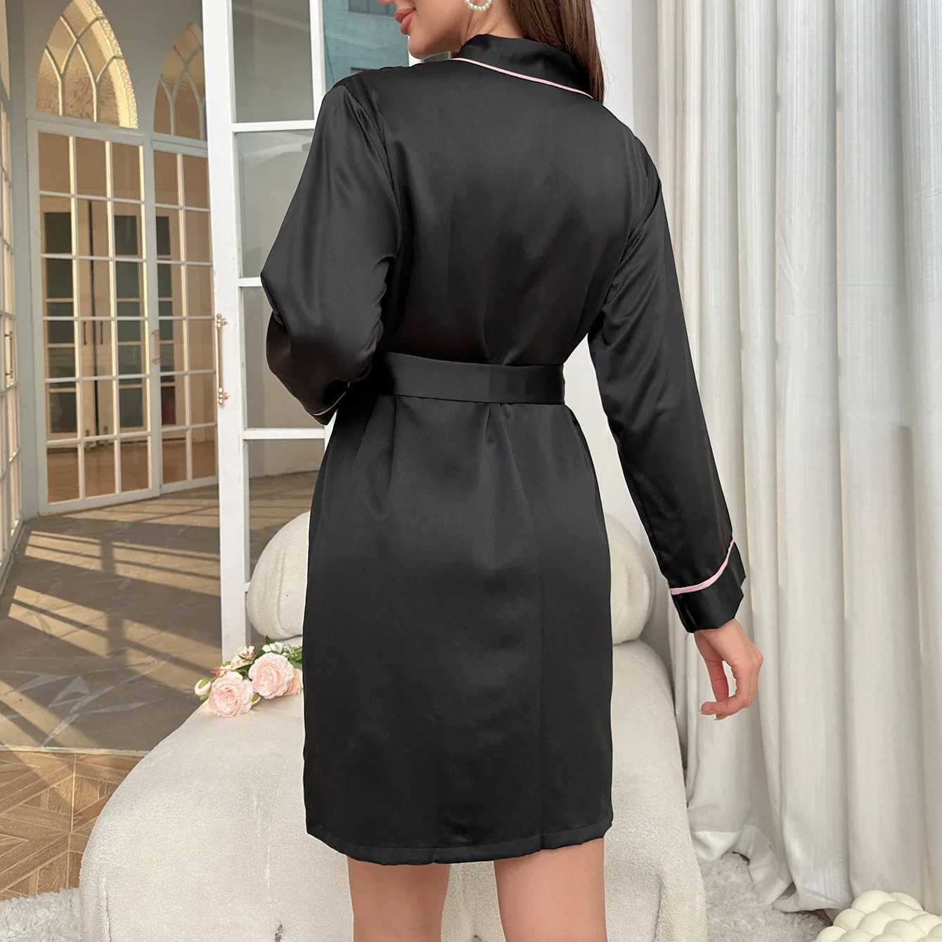 Womens Sexy Satin Robe Long Sleeve V Neck Short Kimono Contrast Piping Belted Sleepwear Loungewear Bridal Party Dressing Gown C251115