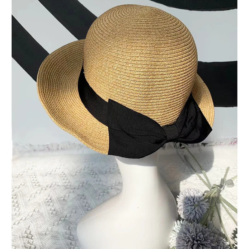 2025 Spring Summer Elegant Bow Sun Hats for Women Foldable Trave Straw Hat Panama Wide Brim Curlable Edge Anti Uv Beach Lady Cap 250407