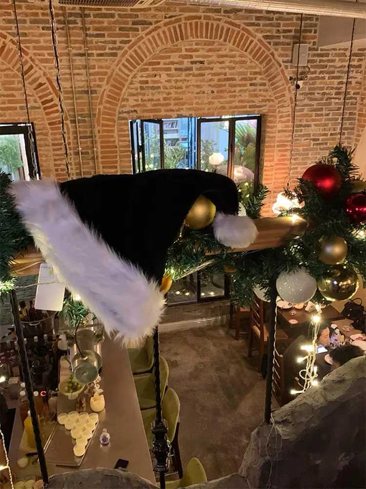 New Arrival Black Plush Folded-edge Christmas Hat with Cute Bow-knot Ideal Winter Accessory for Girls and Women Y251115