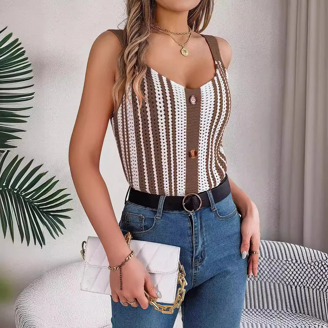Summer Womens Camisole Stripe V-neck Button-contrast Hollow Ladies Tank Tops Womens Knit Halter Top Sexy Summer Womens Tops 250415