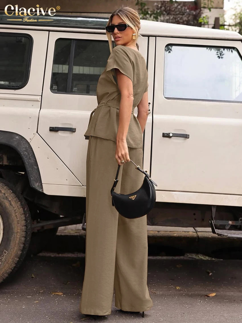 Clacive Summer Loose Khaki Womens Two Piece Set Fashion Short Sleeve Shirt High Waist Wide Pants Set Womens Clothing 250415