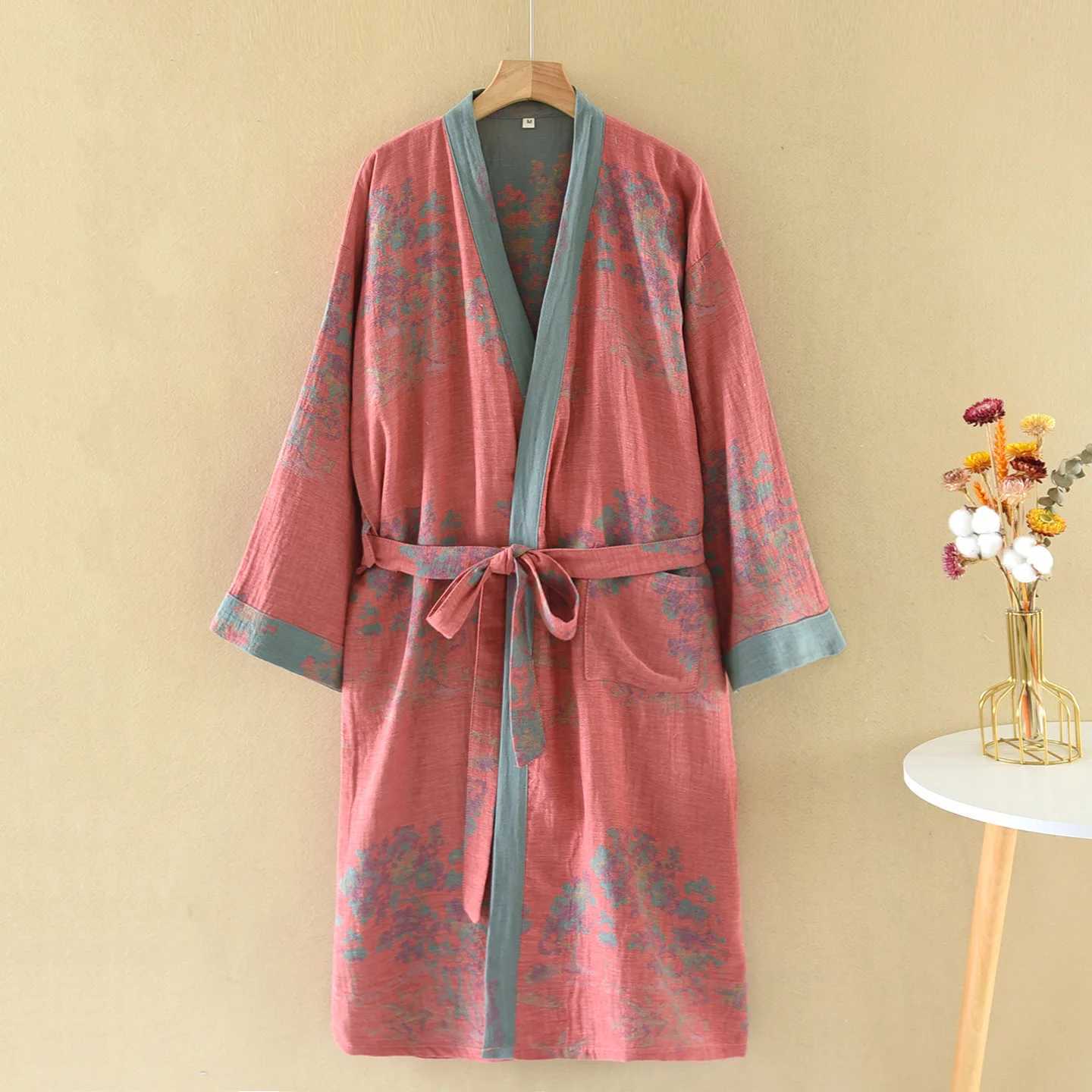 Retro Jacquard Cotton Double-layer Gauze Bathrobe National Style Cardigan Large Size Medium Length Floral Printing Bath Robe C251115