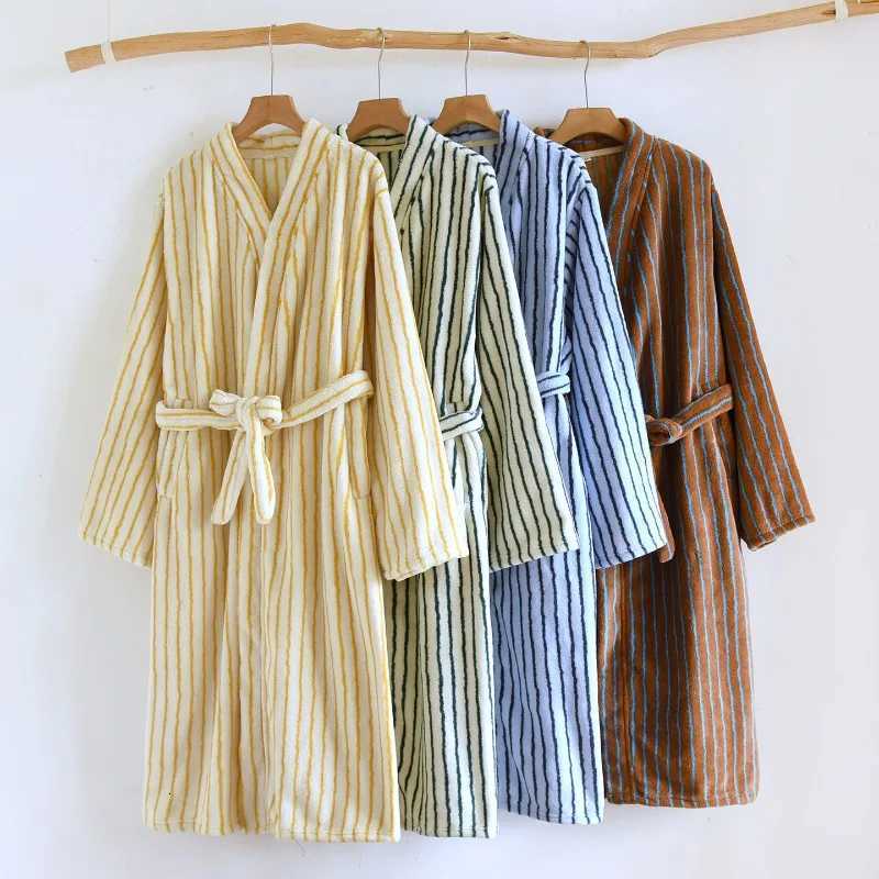 Striped Robe for Women Sleepwear Winter Nightdress Night Wears Warm Fleece Pajama One Piece Nightgown Pocket Sleeping Homewear C251115