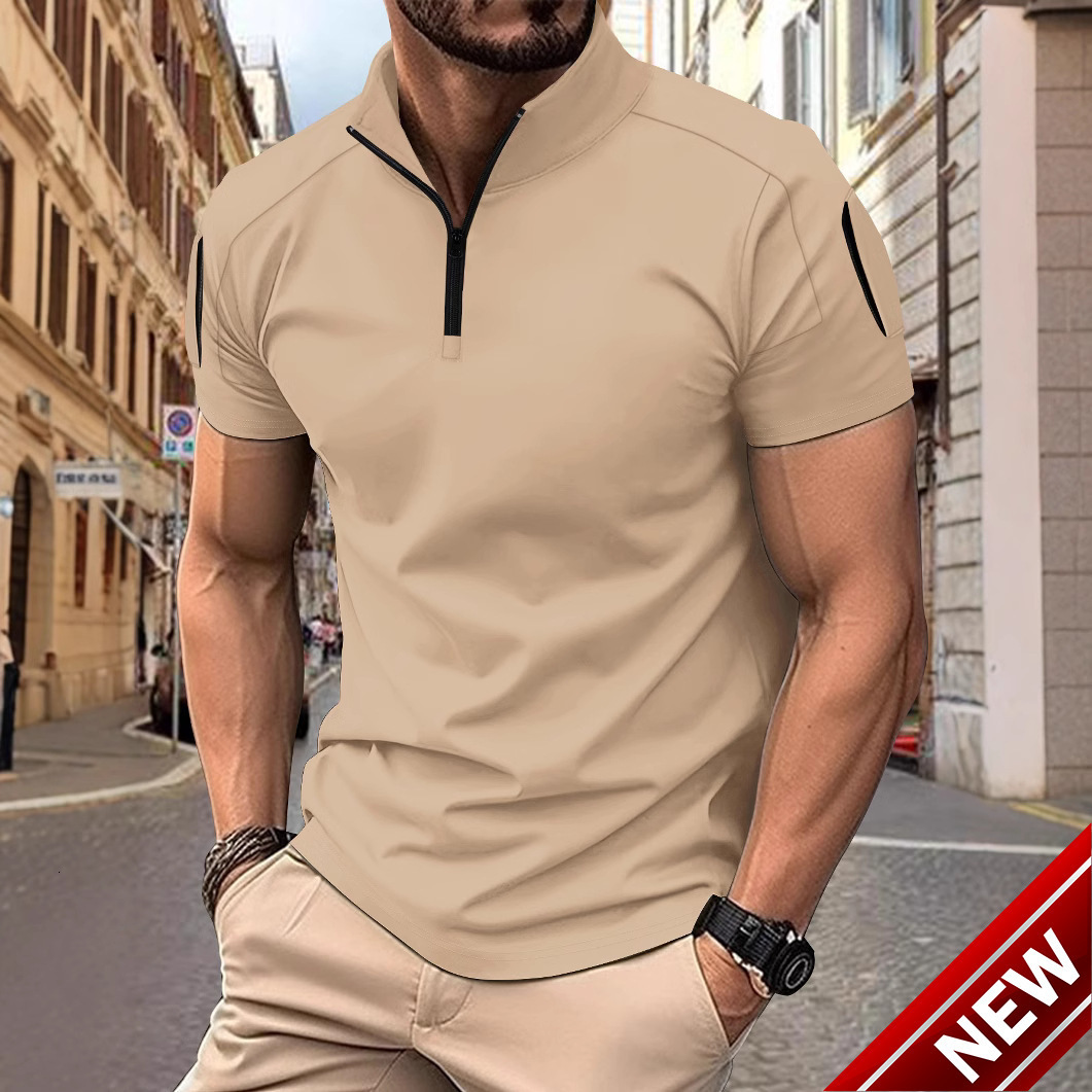 Mens POLO Summer Daily Casual Tactical Training Splicing Arm Pocket Stand up Collar Solid Color Short Sleeve