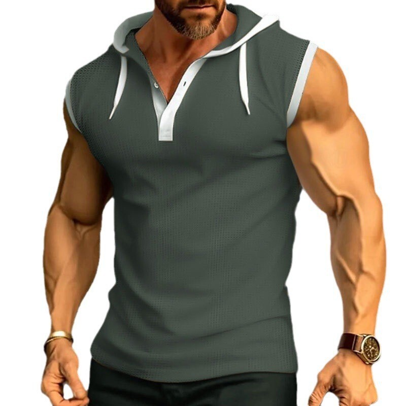 2025 Summer New Sleeveless Men's Casual Top Solid Color Hooded Combo Shoulder Vest