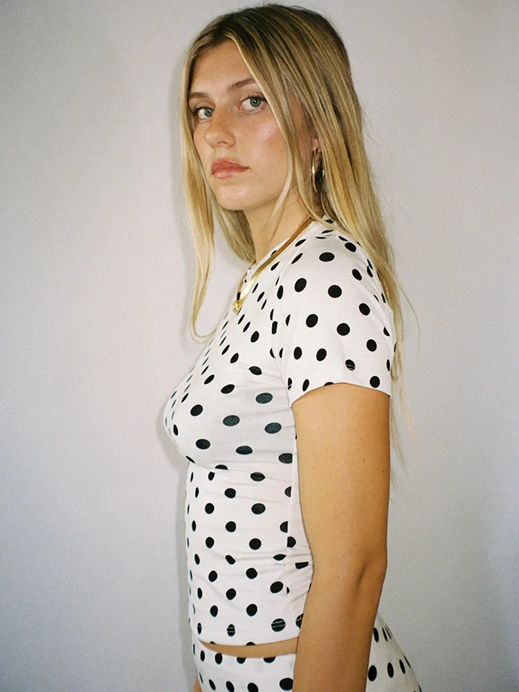 Absobe polka dot flash pants two-piece set womens crew short sleeved crop T-shirt folding splicing workwear Y2K casual set 250415