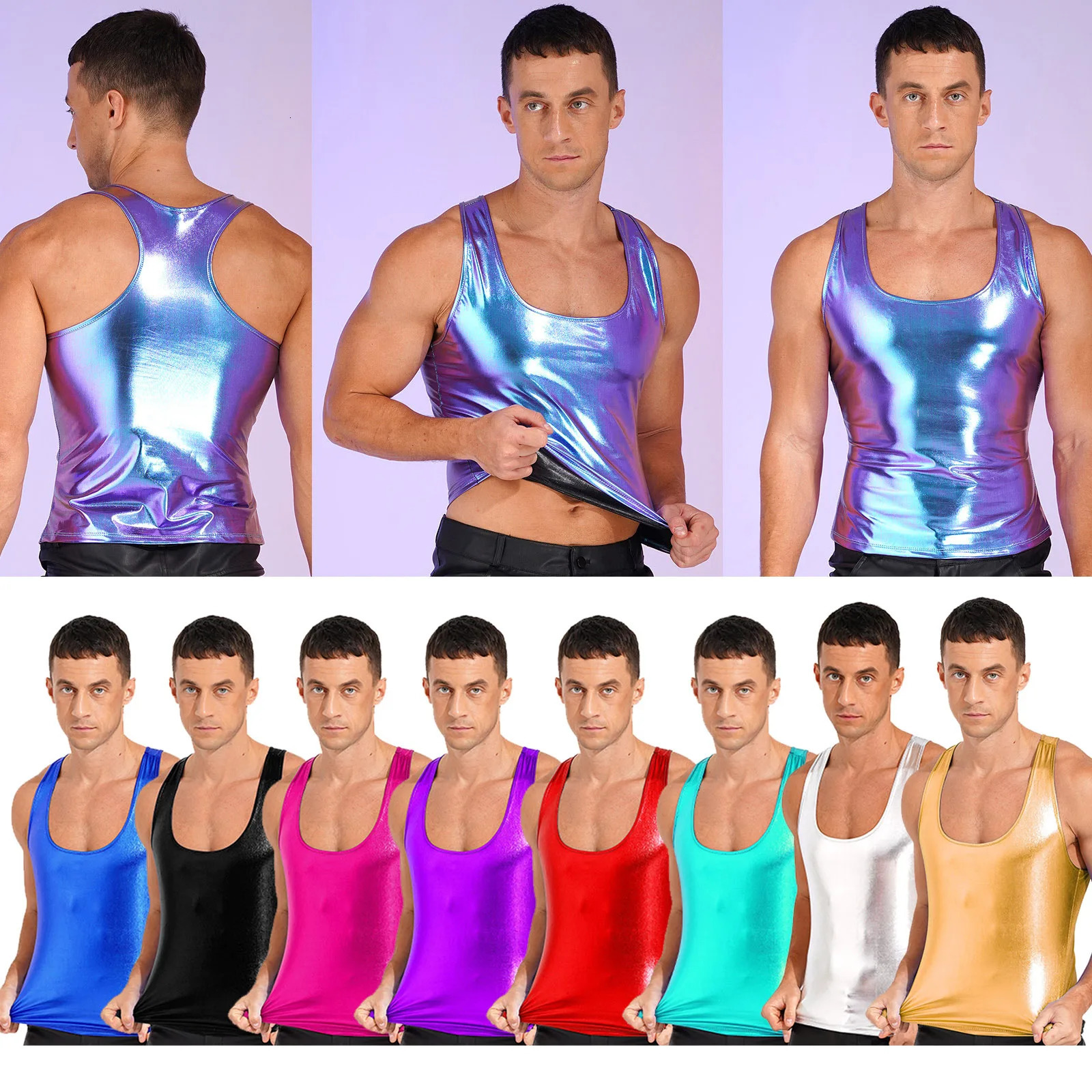 Shiny metal vest mens sports fitness tank fashion top sleeveless Tshirt single piece underwear 250407