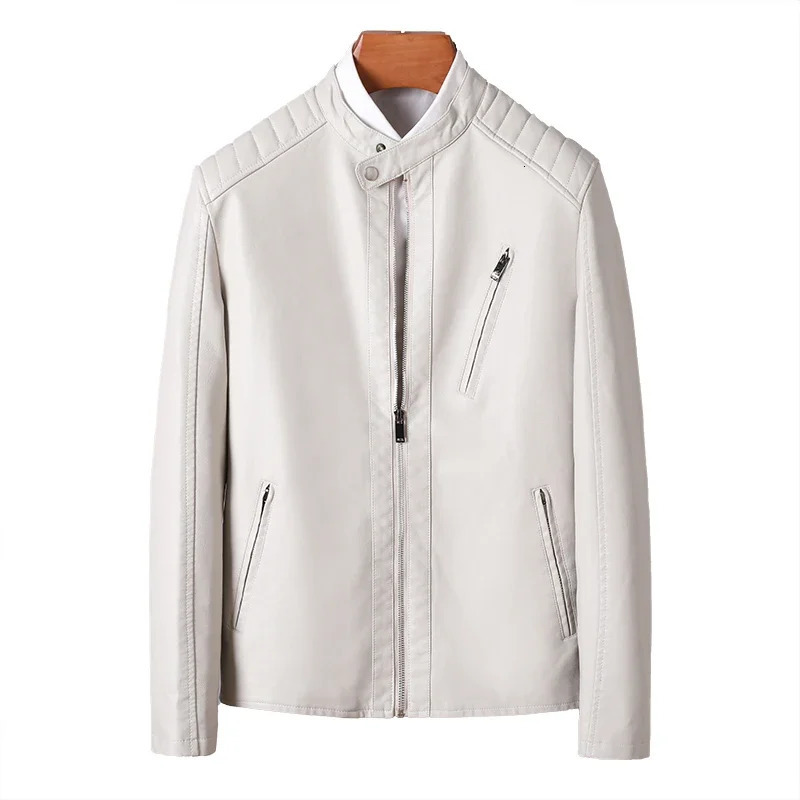 Mens White Leather Jackets Fashion Trend Simple Personality Mens PU Leather Jackets Winter Slim Windbreaker Mens Autumn Spring 250409