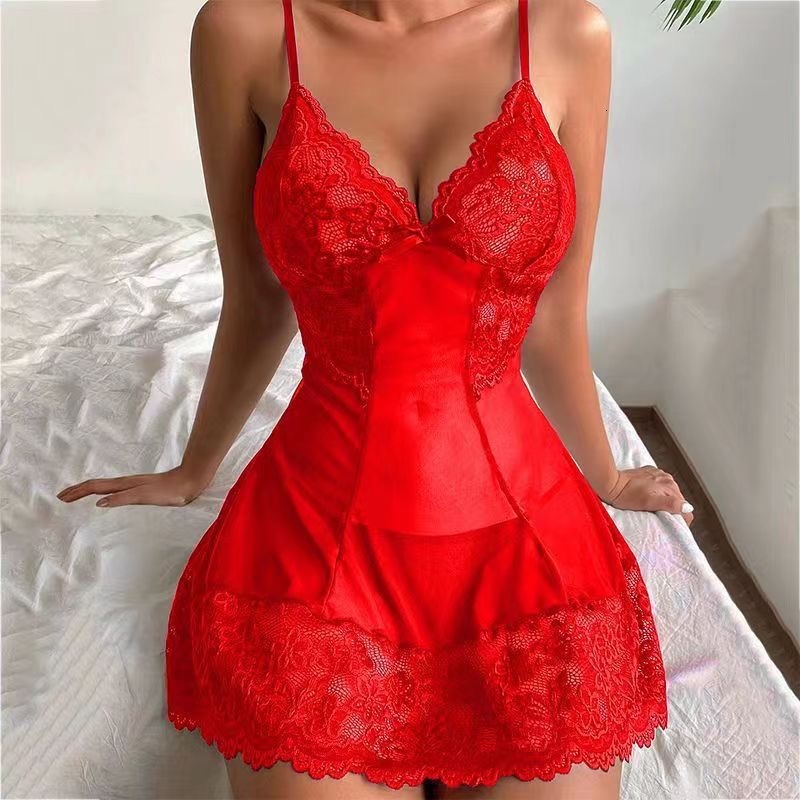 2025 Designer's Sexy Pajama Women's Summer Home Sexy Strap Skirt Lace Mesh Transparent Mesh Fashion Slimming One Piece Pajama