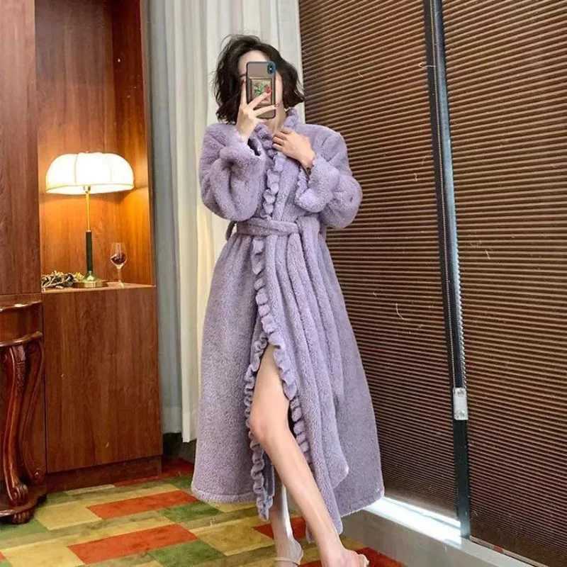 Belt Robe for Women Sleepwear Winter Nightdress Night Wears Warm Fleece Pajama One Piece Nightgown Hooded Sleeping Homewear New C251115