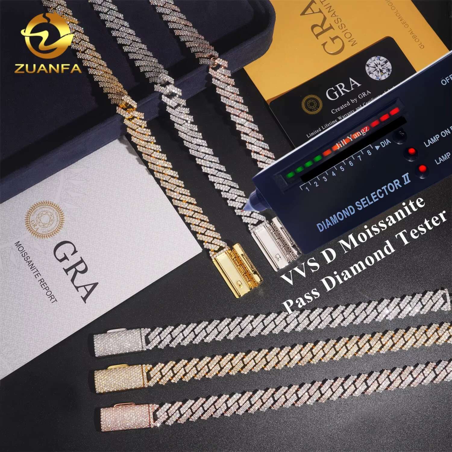 Ready Made Leading Factory Direct Sale 12mm Cuban Link Chain Moissanite 2 Row Prong Chain Pass Diamond Tester GRA Certification