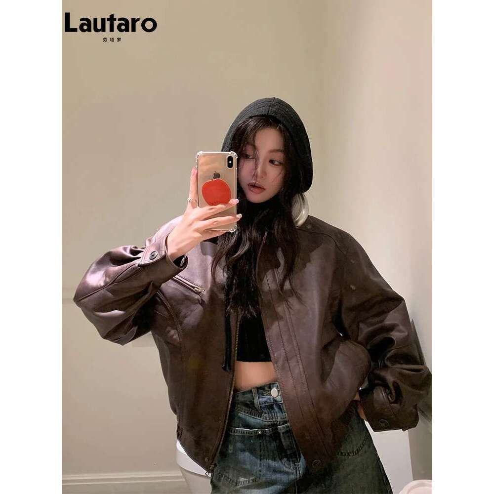Designer Clothes Lautaro Spring Autumn Cool Retro Waterproof Distressed Brown Pu Leather Jackets For Women Zipper Maillard Style Clothes 2024