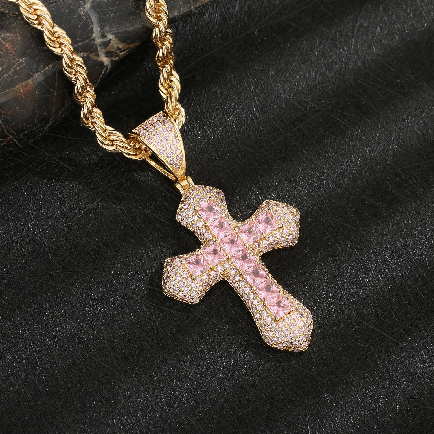 Fashion personality pink cross inset zircon birthday gift party pendant necklace for girls 250414