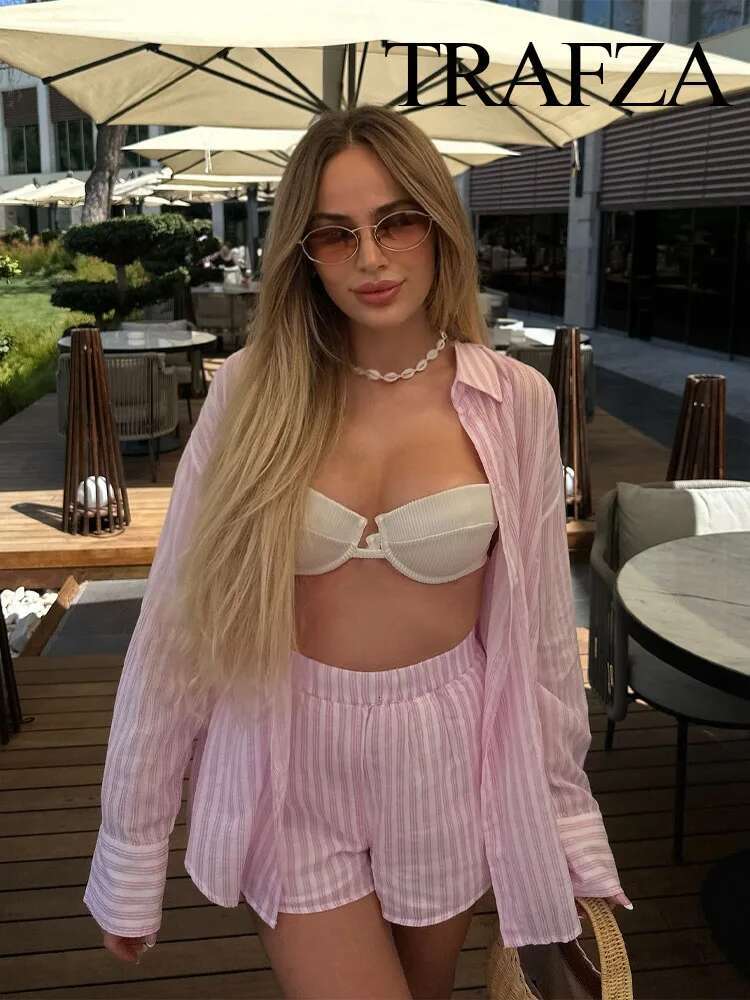 TRAFZA Summer Fashion Woman Suits Stripe Turn Down Collar Long Sleeves Single-Breasted Shirts+Elastic Waist Pocket Shorts