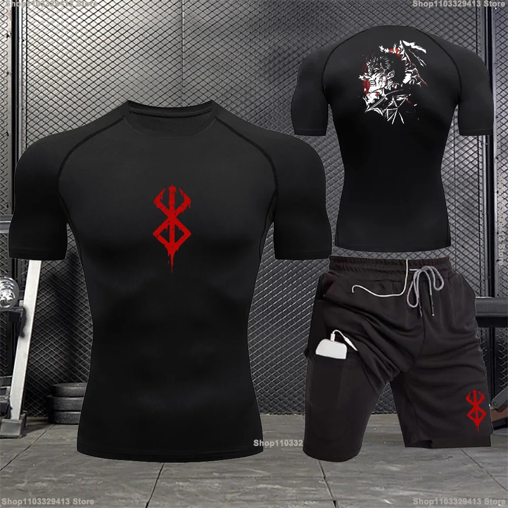 Compression Men Sports Clothing Two-Piece Summer Casual Fiess Suit Short-Sleev