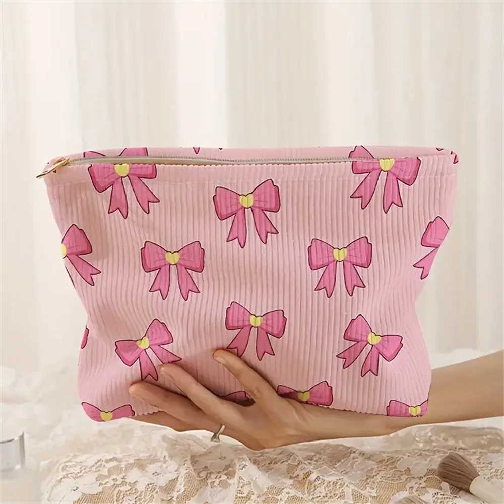 Corduroy Travel Makeup Bag Pink Bow Portable Makeup Storage Bag Wallet Large Capacity Zipper Toilet Organizer CluhXJ250415