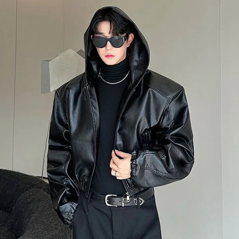 IEFB American Style Mens Jackets Casual Pu Leather Drawstring Hooded Solid Color Loose Male Coats Personalized Autumn 9C7986 250409