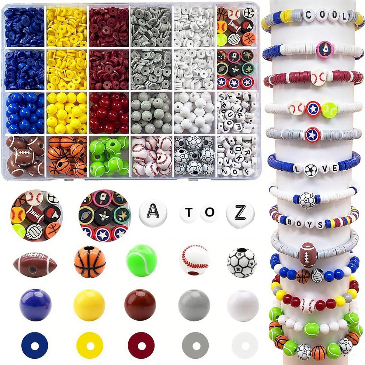 DIY Sports Clay Bead Jewelry Kit - Football Basketball Charms for Bracelets Necklaces Keychains, Letter Bracelet Craft Supplies