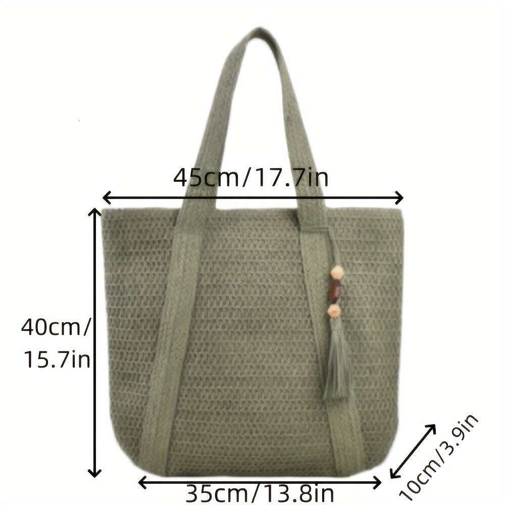 Handmade Beach Bag Woven Solid Color Grass Casual Woven Large Capacity Tote Vacation Beach Bag, Women's Bag Kq2