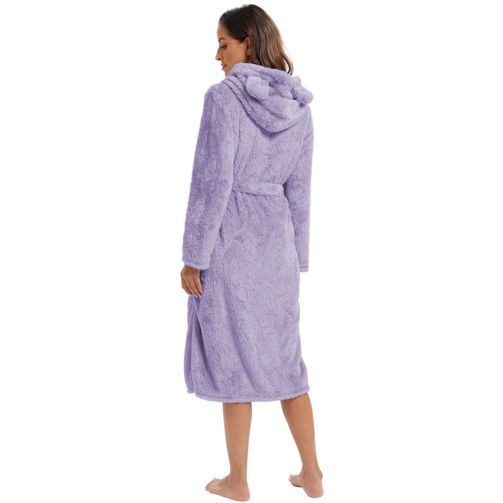 Womens Winter Plush Hooded Robe Home Clothes Sleepwear Long Sleeve Casual Waist Strap Warm Sleepwear Home Clothes C251115