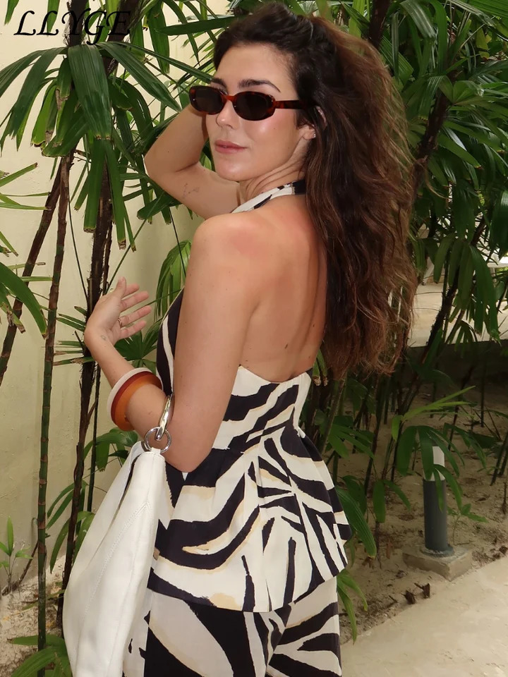 Casual printed camisole vest pants set for women sleeveless button up top high waist wide leg pants summer womens beach set 250415