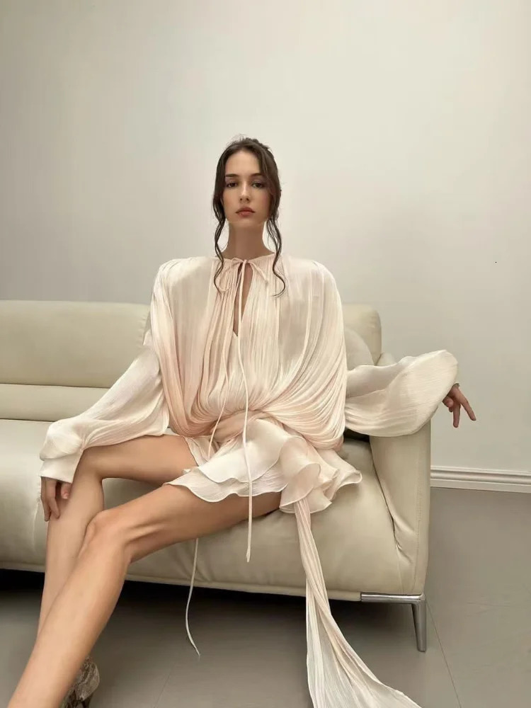 Elegant Solid Pleated Blouse Mini Dresses Women V Neck Lace Up Long Lantern Sleeve Dress Street Beach Vocation Short Robes 250414