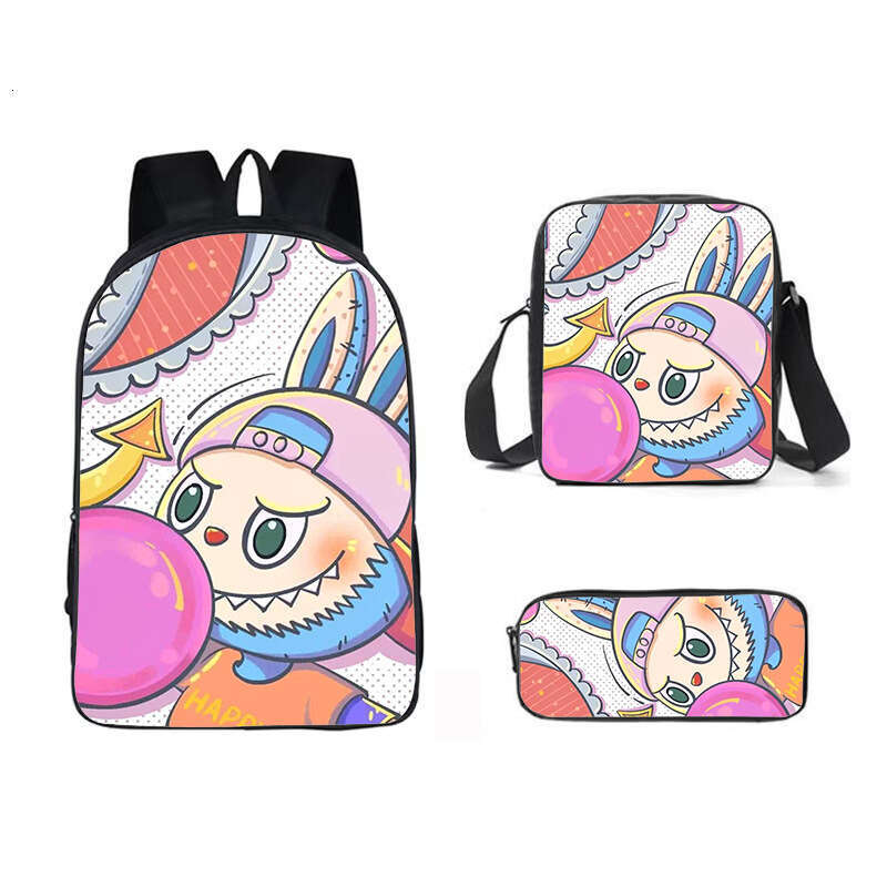 New printed Labubu three piece set cartoon rabbit student backpack shoulder bag pencil case for boys and girls