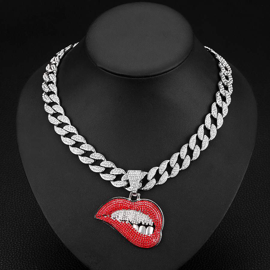 Iced Out Hip Hop Jewelry Necklace Bling Cubic Zirconia Lip Big Teeth Mouth Charms Chain Punk