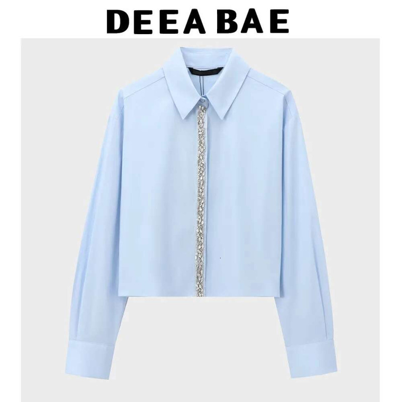 DEEABAE Women's Clothing Offers With Free Shipping Casual Lapel Long Sleeve Jeweled Pop Short Shirt