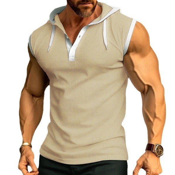 2025 Summer New Sleeveless Men's Casual Top Solid Color Hooded Combo Shoulder Vest