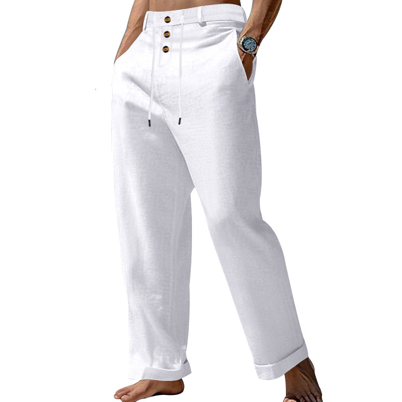 Men's Spring and Autumn New Fashion Straight Tube Linen Strap Beach High Waist Casual Pants Men