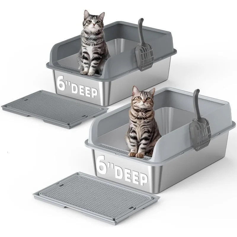 2 Pack Stainless Steel Cat Litter Box with LidXL Large Metal Cat Litter BoxHigh Wall Sided Enclosure Kitty Litter Box 250414