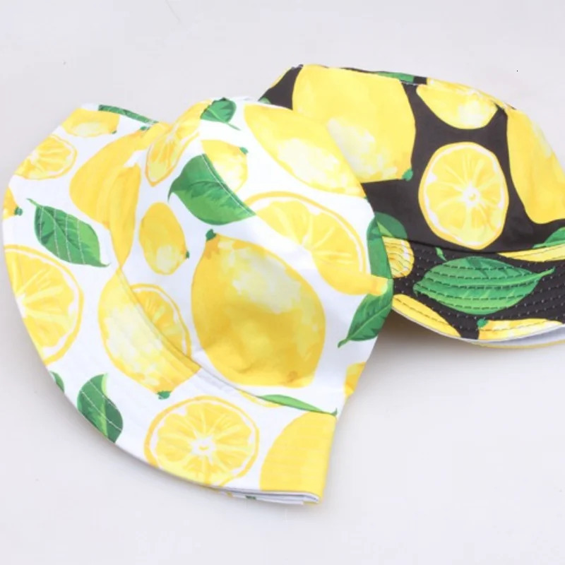 Lemon Pineapple Cherry Printed Bucket Hats Sun Panama Caps For Women Men Girls Beach Fishing Cotton Fruits Fisherman Hat 250414