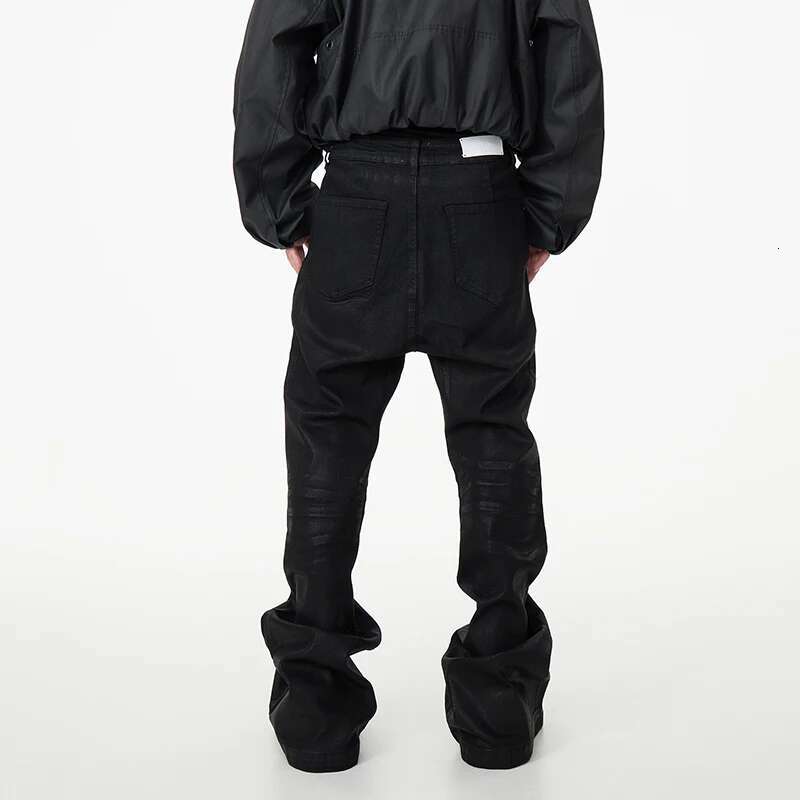 Niche Design Vinyl Coated Crease Texture High Elasticity Fit Traig Flare Pants Tide Men's Denim Trousers 2025 New