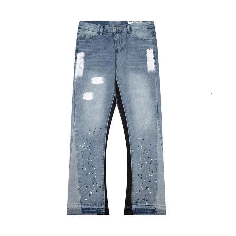 American Retro Washed Letter Spliced Denim High Street Trendy Brand Couple Loose Straight Micro-Flared Long Trousers