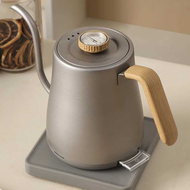 110V/220V Wood Grain Electric Gooseneck Kettle Hand Brew Coffee Pot Smart Teapot with Thermometer 1000w Fast Heating Kettle Y251114
