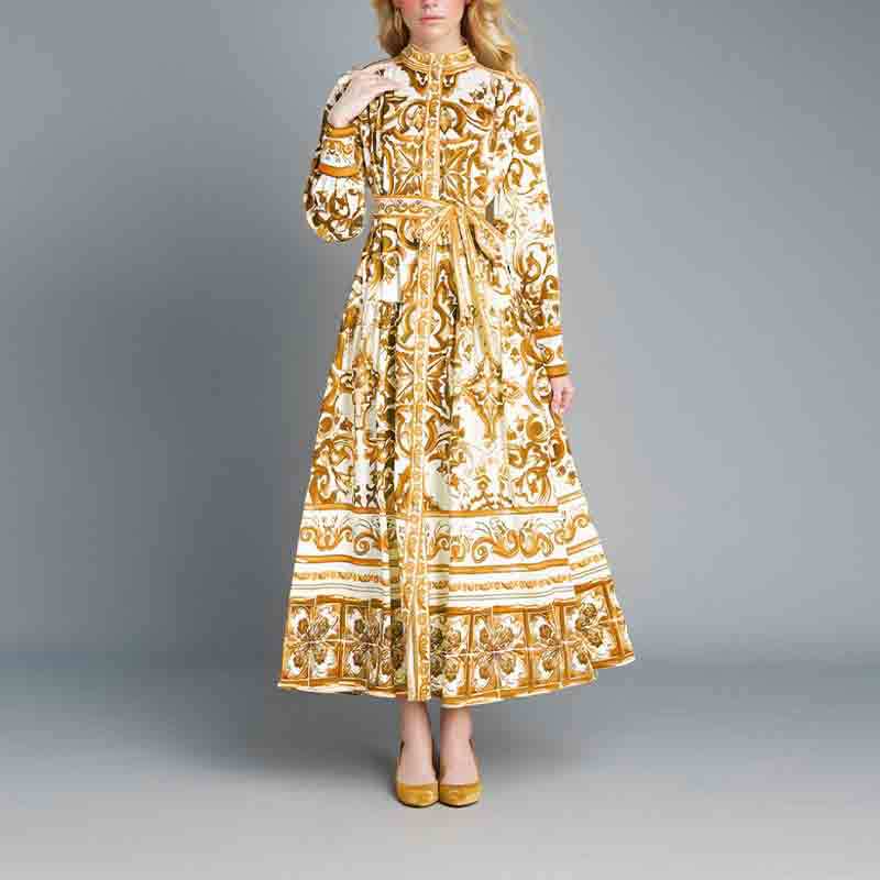 V42Chic and Trendy Women's Long Swing Dress Featuring Delicate Prints and Sophisticated Lacing