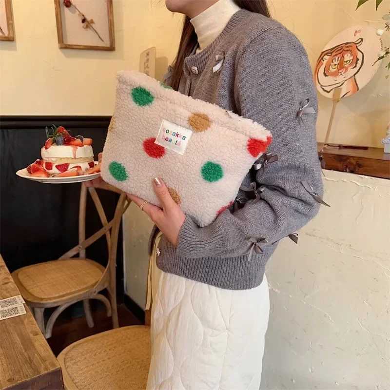 New color striped dot plush makeup bag large capacity makeup bag toilet bag travel outdoor makeup storageXJ250415