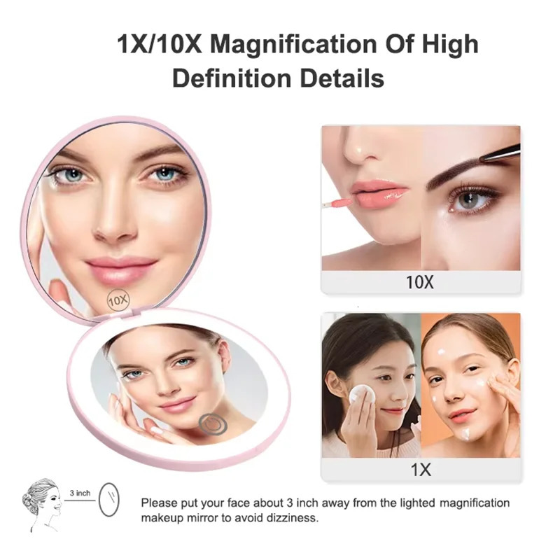 1X10X Magnification LED Pocket Compact Cosmetic Mirror Rechargeable Slim Travel Makeup Mirror with Lights Portable Double Sided 250415