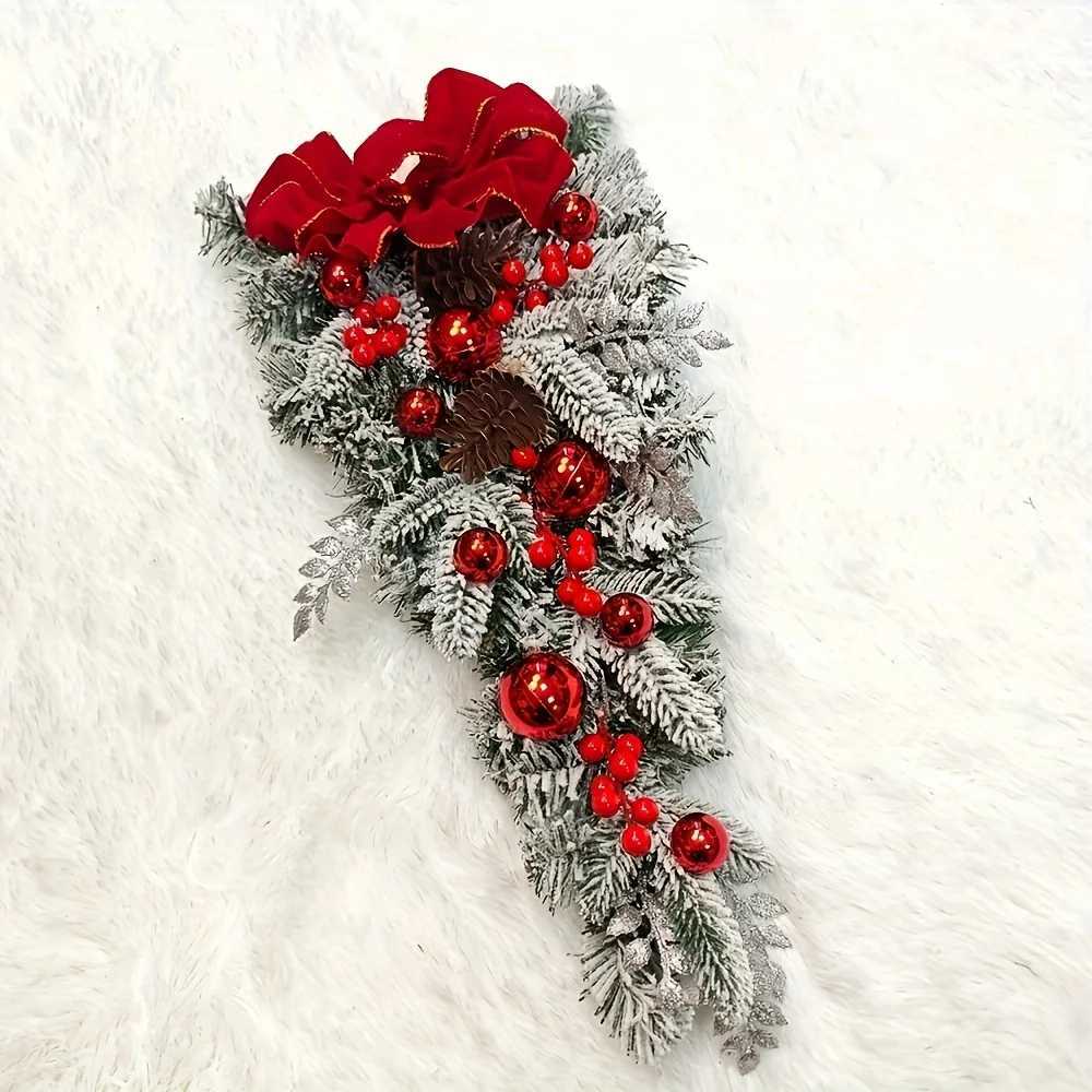 45/60cm Christmas Tree With Red Bow Christmas Ball For Front Door Window Flocking Wreath Xmas Ornaments Christmas DecorationsM251115