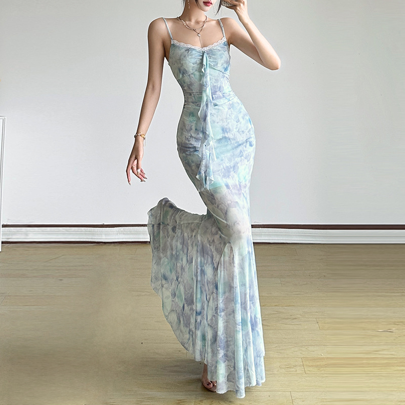 S42Charming Ladies' Mesh-Printed Splice Lace Dress Featuring Modern French Style