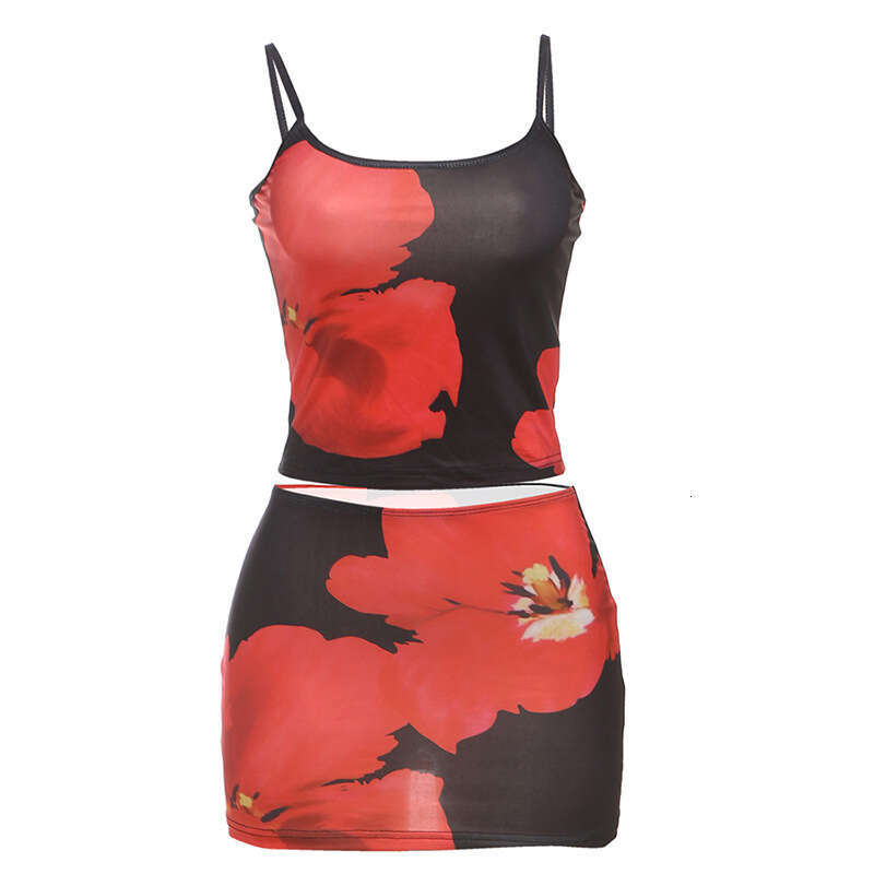 Women's Wear Spring New Women's Sexy Hot Girl Strap Style Flower Printed Slimming Hip Hugging Short Skirt Two Piece Set