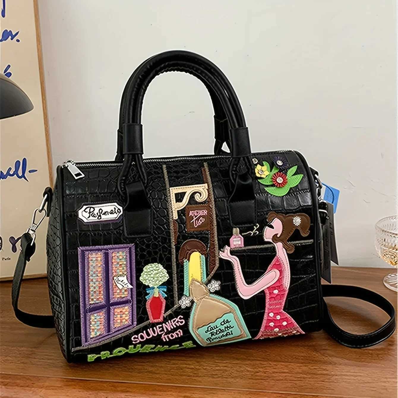 New PU leather backpack handbag crossbody oversized capacity handcrafted figure embroidery womens bagW251115