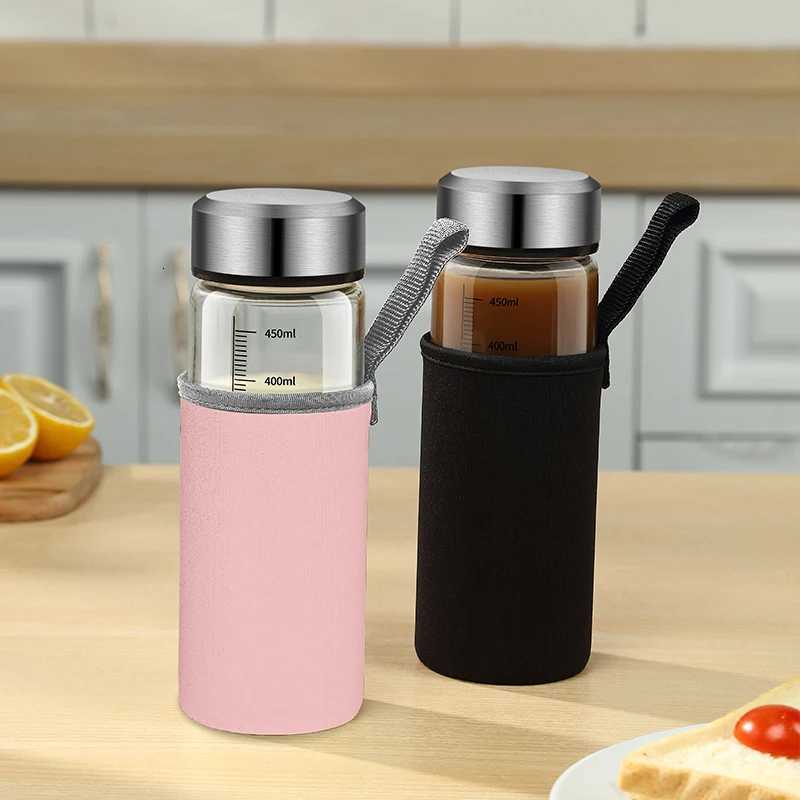 Portable Glass Water Bottle Hot Milk Bottle graduated Cup with Lid Refrigerated Milk Tea Cup Outdoor sports water bottleW251114