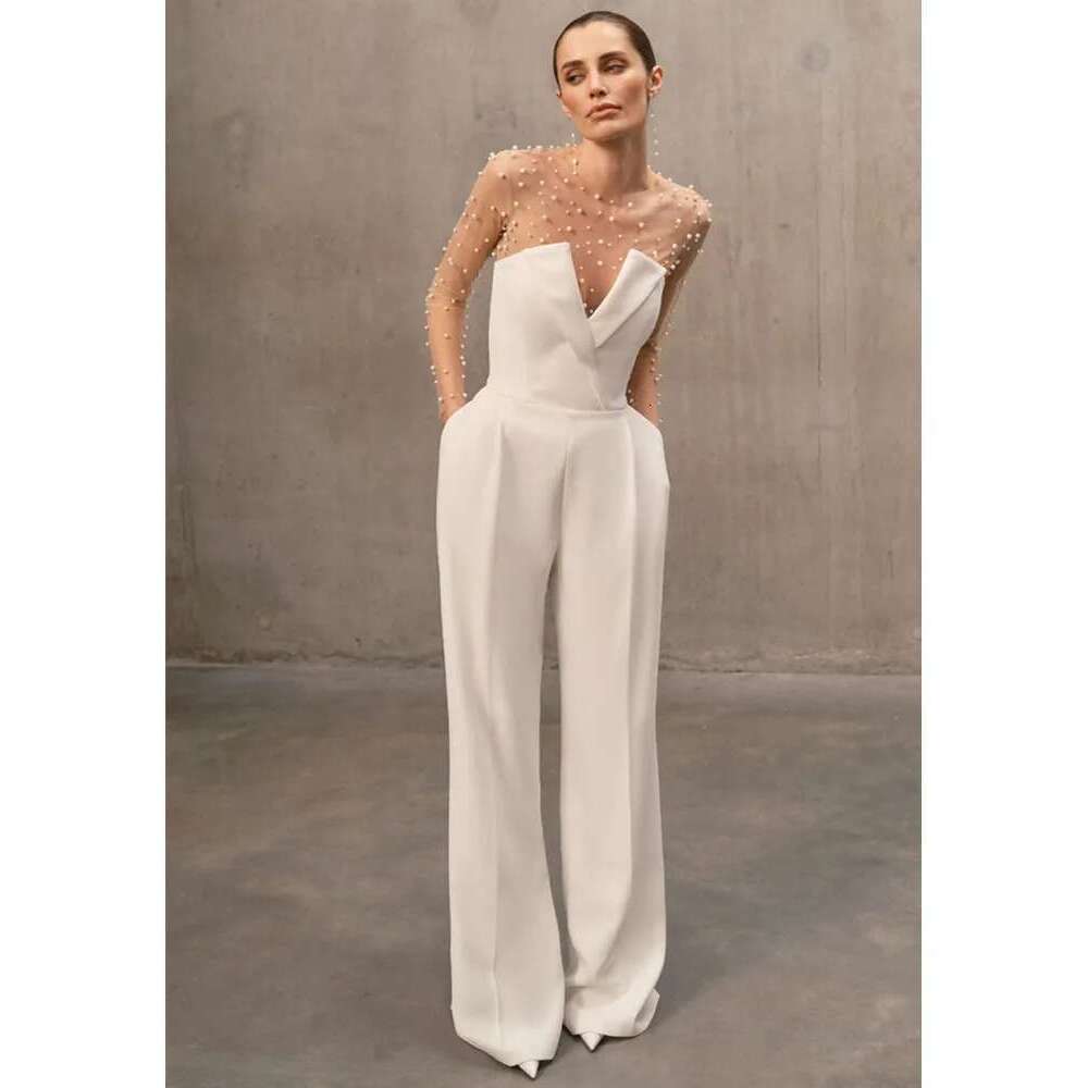 Women Summer Sexy Long Sleeve Pearl White Bodycon Set Jumpsuit 2024 Celebrity Designer High Street Rompers