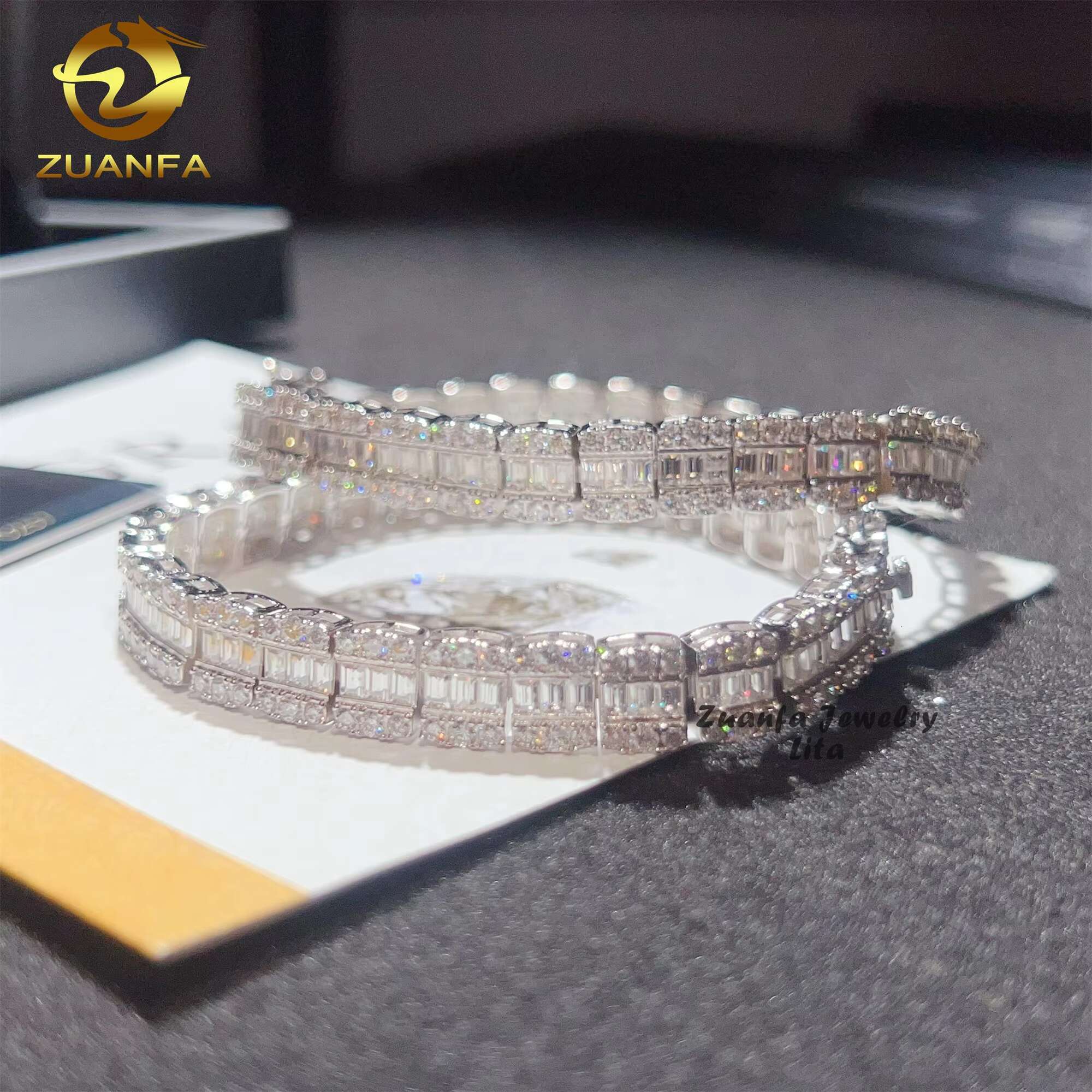 Luxury Design Baguette Diamond Hip Hop 8MM Moissanite Tennis Chain 925 Silver Cuban Link Chain Bracelet