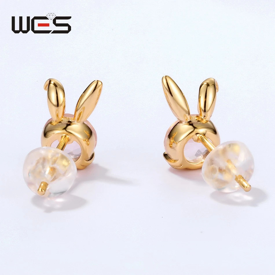 WES 925 sterling silver cute rabbit earrings suitable for women natural gemstones 6 * 6mm mousse agate rose quartz Christmas wedding gift 250409