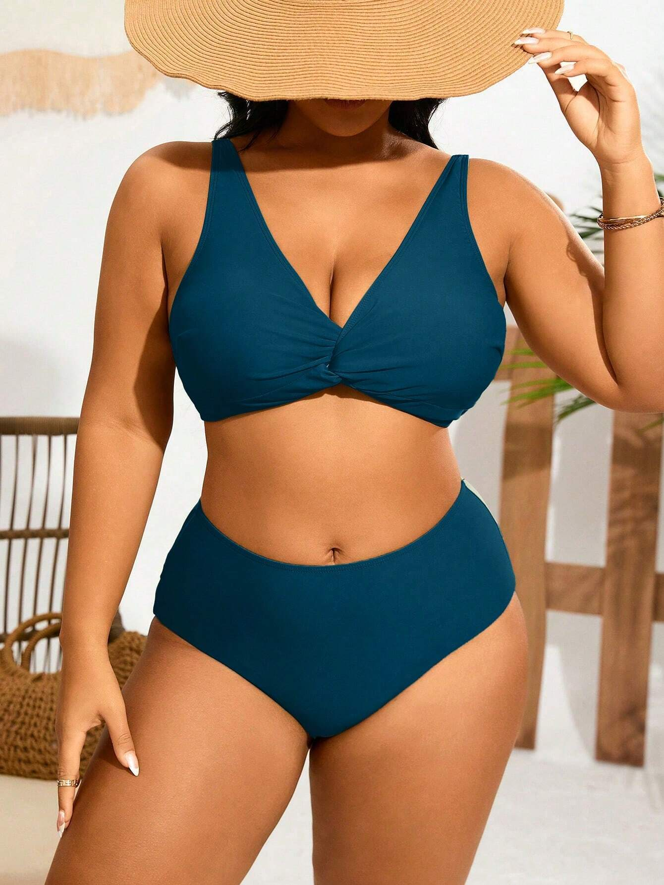 Plus Size Two Piece Swimsuits Women High Waist Bikini Tummy Control Bathing Suits Knot Twist Swimwear