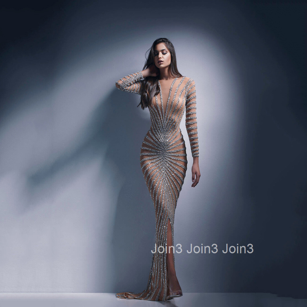 2025 Spring New Fashionable Hot Diamond Womens Mesh Transparent Long Sleeve Split Long Dress