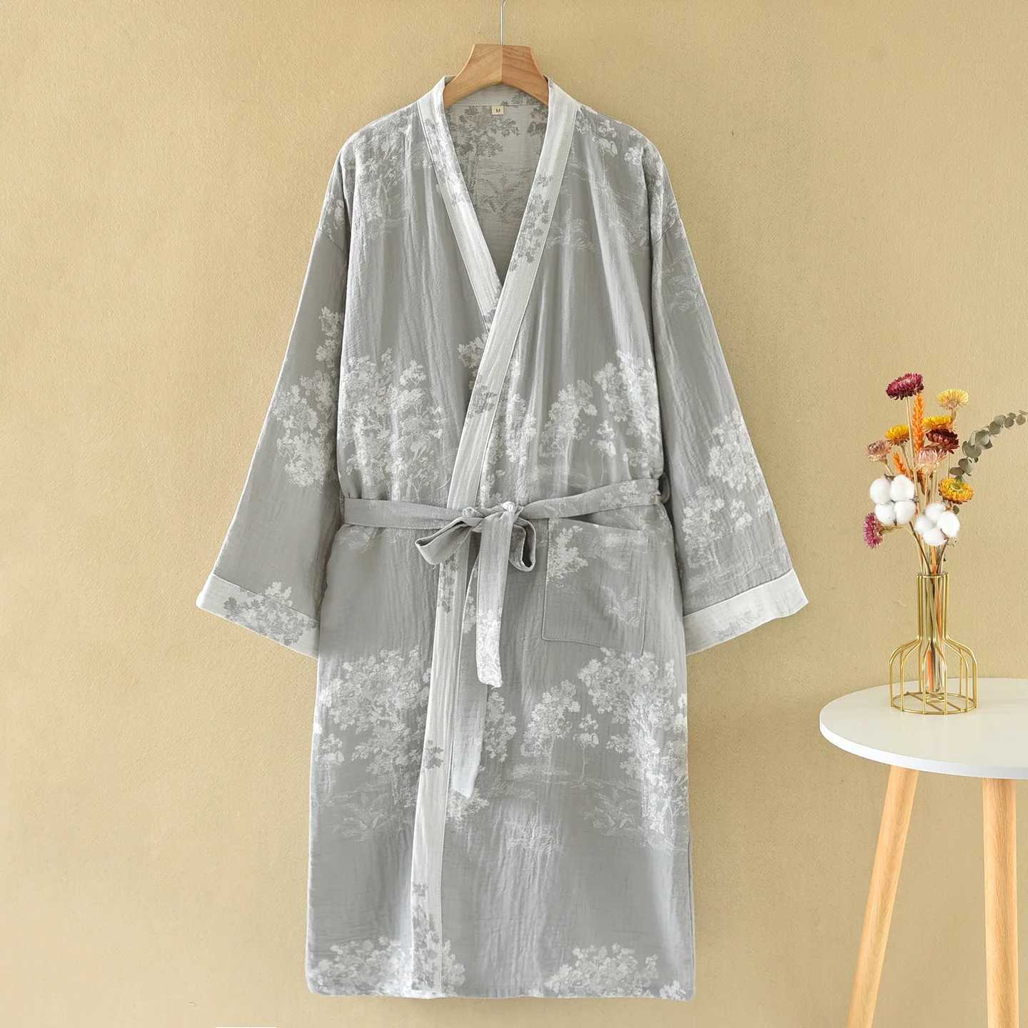 Retro Jacquard Cotton Double-layer Gauze Bathrobe National Style Cardigan Large Size Medium Length Floral Printing Bath Robe C251115